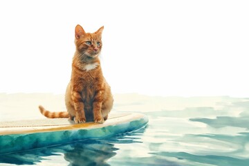 Orange cat sitting on paddle board floating in the sea. AI generated.