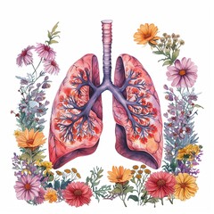 Human lungs with flowers in and around watercolor illustration. AI generated