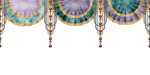 Hand drawn watercolor Mardi Gras carnival symbols. Garland festoon pelmet bead drape pearl strings, gold purple green. Seamless banner isolated on white background. Design party invitation, print shop © Elena
