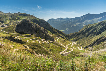Panorama view of the historic Tremola road, a winding mountain road leading from Airolo to the...