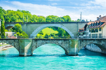 Panoramic view of Aare river, Nydeggbrucke bridge, cityscape of Bern, Switzerland 