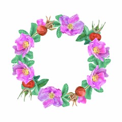 Rosehip, flowers, leaves, berries, wreath. Graphic illustration isolated on white background. Cards, invitations, flyers, banners, labels, packaging.