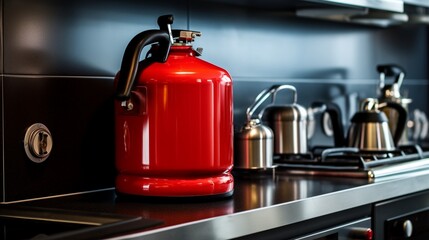 Fire extinguisher on the wall and cooktop with kettle on the countertop in home kitchen - obrazy, fototapety, plakaty