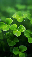 vertical background morning in the forest, fresh trefoil shoots in dew drops, forest sour green nature