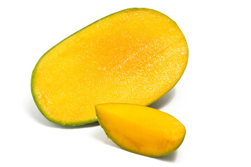 Half cut and sliced fresh organic green mango delicious fruit side view isolated on white background clipping path