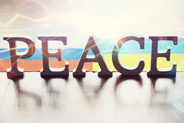 Double exposure Peace Word Written In Wooden Letters and abstract technology background....