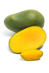 Sliced half cut and whole fresh organic green mango delicious fruit side view isolated on white background clipping path