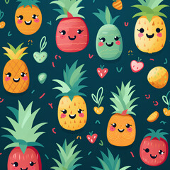 Obraz na płótnie Canvas Create a pattern featuring adorable, stylized fruits like pineapples and in playful poses, PNG, 300 DPI