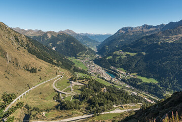 South side of the Gotthard Pass with view of Airolo in Valle Leventina, Canton of Ticino,...