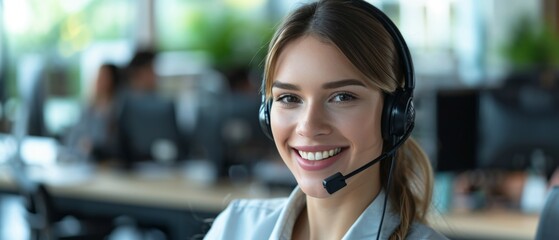 A portrait of a young woman working as a call center operator and managing tasks within the central customer service hub, wearing headphones and holding a microphone. Generative AI.