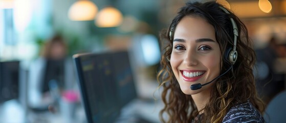 A portrait of a young woman working as a call center operator and managing tasks within the central customer service hub, wearing headphones and holding a microphone. Generative AI.