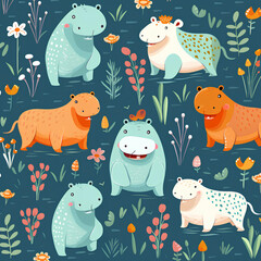 Create a pattern featuring adorable, stylized animals like hippopotamus in playful poses, PNG, 300 DPI