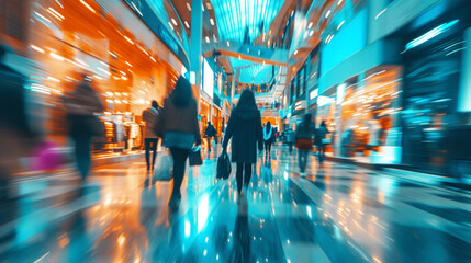 Shopping mall with blurred shoppers and shopping bags. - obrazy, fototapety, plakaty