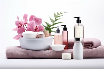 
Set of cosmetics for personal hygiene on table isolated on a white background