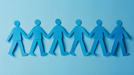 Blue paper cutout figures holding hands, symbolizing unity and teamwork on a light blue background.