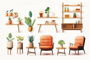 
Set of home furniture, interior decor, and house plants for living room