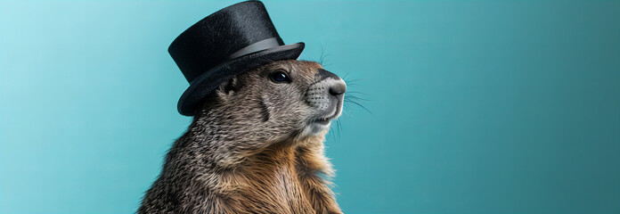 A groundhog in a top hat poses in a photo studio. isolated on pastel background. copy space