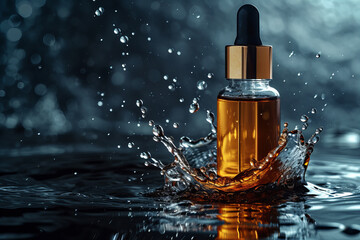 
Low key , dark colors, luxury product photography. cosmetic product oil or essence in a bottle with a dropper, with serum splash .Concept of beauty, skin, hair or body care - obrazy, fototapety, plakaty