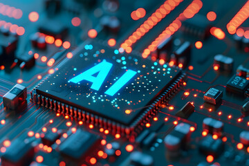 AI-Mikrochip: Fortschrittliche Technologie mit einem KI-Mikrochip auf einem Motherboard, Konzept für künstliche Intelligenz und technologischen Fortschritt.