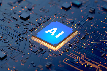 AI-Mikrochip: Fortschrittliche Technologie mit einem KI-Mikrochip auf einem Motherboard, Konzept für künstliche Intelligenz und technologischen Fortschritt.