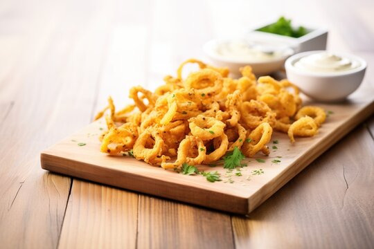 curly fries arranged on a wooden board