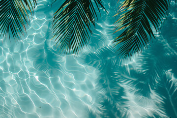 Fototapeta na wymiar Shadows of tropical leaves on the crystal clear surface of azure blue water, view from above. Abstract banner concept background for summer beach weekend