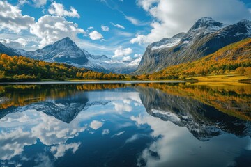 Obraz premium Picturesque reflection of the mountain landscape in the lake