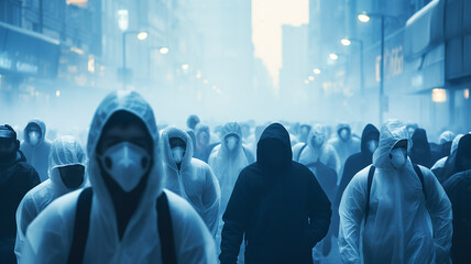 epidemic, a group of people wearing medical masks on their face, abstract blurred background - obrazy, fototapety, plakaty