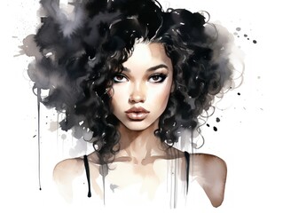 Artistic Watercolor Illustration of a Woman With Curly Hair and Smoky Background. Black History Month.