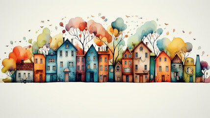 a row of colorful watercolor houses, a city street is a simple multicolored illustration for a children's book