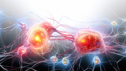 neurons under strong magnification, neural network live impulses transmitted through nerves, abstract fictional background computer graphics, structure of a living brain cell