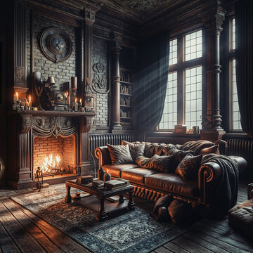 a living room with a couch and a fire place, a stock photo , pixabay contest winner, neo-romanticism, ominous vibe, stockphoto, stock photo