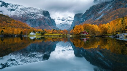 Obraz premium Picturesque reflection of the mountain landscape in the lake