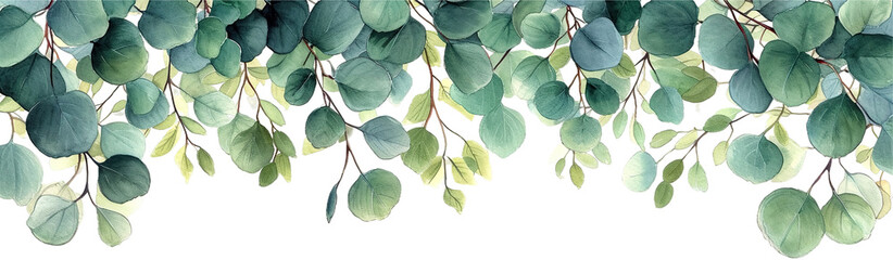 Lush green eucalyptus branch extending across a isolated on transparent or white background, showcasing vibrant leaves in various stages of growth, in watercolor style