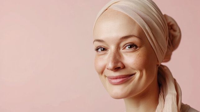 portrait of a modern smiling bald woman with a scarf on her head on a pink background, copy space