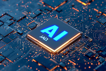 AI-Mikrochip: Fortschrittliche Technologie mit einem KI-Mikrochip auf einem Motherboard, Konzept für künstliche Intelligenz und technologischen Fortschritt.
