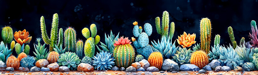 Watercolor Isolate cactus plants grow on rocks, dark blue background