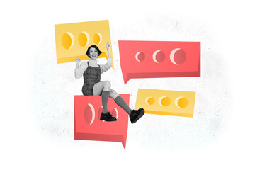 Creative collage picture illustration black white filter charm lovely beautiful young woman...