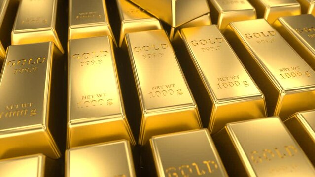 Panorama of gold bars stacked in a stack, 3D animation