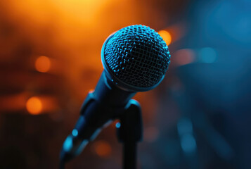 studio microphone on a stand on a dark background with blurry lights in the background