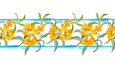Watercolor border, drawing on the edges with branches of ripe bunches of sea buckthorn.