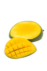 Cut into cubes and sliced half cut fresh organic green mango delicious fruit side view isolated on white background clipping path