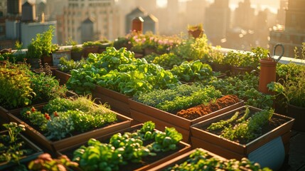 Smart Urban Farming, vibrant rooftop gardens in city environment, soft morning light highlighting greenery