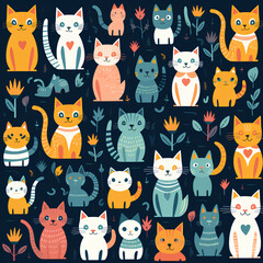 Create a pattern featuring adorable, stylized animals like bunnies, and kittens in playful poses, PNG, 300 DPI