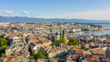 Geneva, Switzerland. Flight over the city. Geneva Cathedral, Aerial View