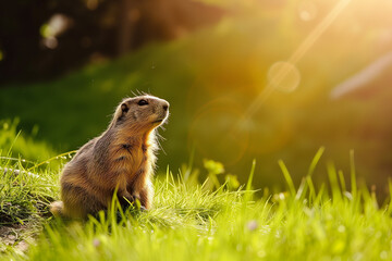 cute groundhog crawled out of his hole and basks in the sun, groundhog day - obrazy, fototapety, plakaty