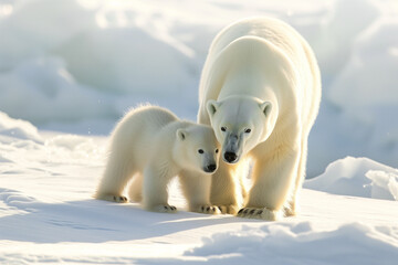 Polar bear family mother and child on snow pure white background and sunlight