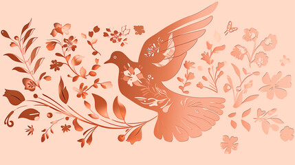 Illustration, paper cut silhouette of a dove with spring and floral designs on pale peach background
