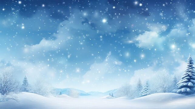 Natural Winter Christmas background with a sky, heavy snowfall, snowflakes in different shapes and forms