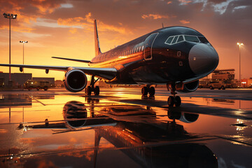 Fototapeta na wymiar Commercial airplane in an airport at sunset. 